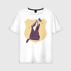 Женская футболка хлопок Oversize с принтом Барсук и бабочка , 100% хлопок | свободный крой, круглый ворот, спущенный рукав, длина до линии бедер
 | animals | бабочка | барсук | барсук и бабочка | животное | зверь | насекомое | сердечко