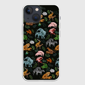Чехол для iPhone 13 mini с принтом Дикие Звери Паттерн ,  |  | animals | зайцы | звери | зебры | кошки | лев | леопард | обезьяны | олени | природа | тигры | фламинго | цветы