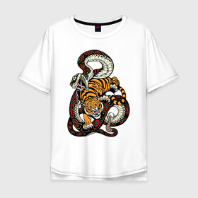 Мужская футболка хлопок Oversize с принтом Тигр и Змея Борьба , 100% хлопок | свободный крой, круглый ворот, “спинка” длиннее передней части | beast | snake | tiger | борьба | животные | звери | змеи | зубы | когти | кошки | тигры | узор