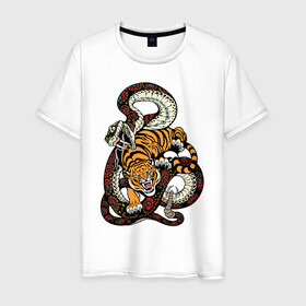 Мужская футболка хлопок с принтом Тигр и Змея Борьба , 100% хлопок | прямой крой, круглый вырез горловины, длина до линии бедер, слегка спущенное плечо. | beast | snake | tiger | борьба | животные | звери | змеи | зубы | когти | кошки | тигры | узор