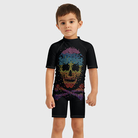Детский купальный костюм 3D с принтом Радужный череп из пикселей , Полиэстер 85%, Спандекс 15% | застежка на молнии на спине | hell | skull | ад | скелет | ужасы | череп | черепушка