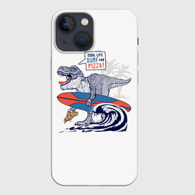 Чехол для iPhone 13 mini с принтом T rex на серфинге ,  |  | Тематика изображения на принте: dino | dinosaur | roar | t rex | динозавр | роар | тирекс | трекс