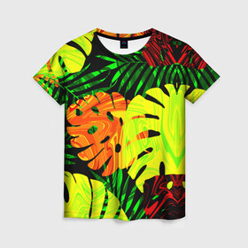 Женская футболка 3D с принтом ЛИСТЬЯ  , 100% полиэфир ( синтетическое хлопкоподобное полотно) | прямой крой, круглый вырез горловины, длина до линии бедер | Тематика изображения на принте: summer | джунгли | зелень | кислотный | лесной | летний принт | лето | листья папоротника | огненный | пальмовые листья | пальмы | папоротник | свежий | стильный | тренд | тропики | тропический камуфляж