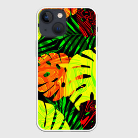 Чехол для iPhone 13 mini с принтом ЛИСТЬЯ ,  |  | Тематика изображения на принте: summer | джунгли | зелень | кислотный | лесной | летний принт | лето | листья папоротника | огненный | пальмовые листья | пальмы | папоротник | свежий | стильный | тренд | тропики | тропический камуфляж