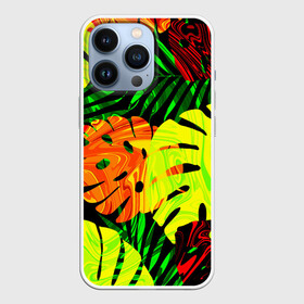 Чехол для iPhone 13 Pro с принтом ЛИСТЬЯ ,  |  | Тематика изображения на принте: summer | джунгли | зелень | кислотный | лесной | летний принт | лето | листья папоротника | огненный | пальмовые листья | пальмы | папоротник | свежий | стильный | тренд | тропики | тропический камуфляж