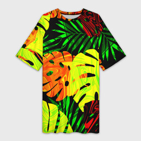 Платье-футболка 3D с принтом ЛИСТЬЯ ,  |  | summer | джунгли | зелень | кислотный | лесной | летний принт | лето | листья папоротника | огненный | пальмовые листья | пальмы | папоротник | свежий | стильный | тренд | тропики | тропический камуфляж