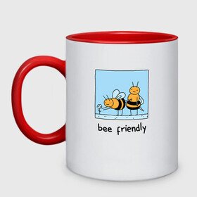 Кружка двухцветная с принтом Bee Friendly Будь дружелюбным , керамика | объем — 330 мл, диаметр — 80 мм. Цветная ручка и кайма сверху, в некоторых цветах — вся внутренняя часть | be friendly | drawing | friend | friends | mood | sting | summer | весна | друг | дружелюбие | друзья | жало | игра слов | лето | настроение | оса | острое жало | прикол | пчела | пчелка | рисунок | стинг | цветок | цветочек