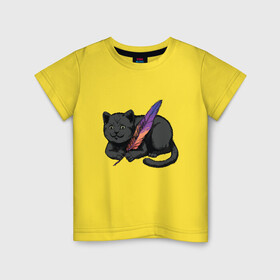 Детская футболка хлопок с принтом Чёрный кот с пёрышком , 100% хлопок | круглый вырез горловины, полуприлегающий силуэт, длина до линии бедер | black cat | cats | cute | feather | fluffy | kitten | kitty | playful | pussy | pussycat | британская кошка | британский кот | градиент | играет с пером | киса | котенок | кошечка | кошка | милота | перо | прикол | пус | пусси | пушистый кот 