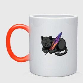 Кружка хамелеон с принтом Чёрный кот с пёрышком , керамика | меняет цвет при нагревании, емкость 330 мл | Тематика изображения на принте: black cat | cats | cute | feather | fluffy | kitten | kitty | playful | pussy | pussycat | британская кошка | британский кот | градиент | играет с пером | киса | котенок | кошечка | кошка | милота | перо | прикол | пус | пусси | пушистый кот 