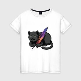 Женская футболка хлопок с принтом Чёрный кот с пёрышком , 100% хлопок | прямой крой, круглый вырез горловины, длина до линии бедер, слегка спущенное плечо | black cat | cats | cute | feather | fluffy | kitten | kitty | playful | pussy | pussycat | британская кошка | британский кот | градиент | играет с пером | киса | котенок | кошечка | кошка | милота | перо | прикол | пус | пусси | пушистый кот 