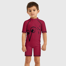 Детский купальный костюм 3D с принтом Dandelion flight. Red Frame , Полиэстер 85%, Спандекс 15% | застежка на молнии на спине | dandelion | flight | garden | human | people | travel | люди | на | одуванчик | одуванчике | парение | парить | полет | путешествие | растение | человек