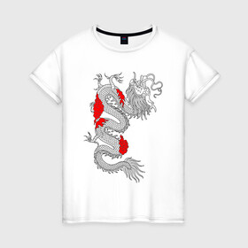 Женская футболка хлопок с принтом Японский Дракон , 100% хлопок | прямой крой, круглый вырез горловины, длина до линии бедер, слегка спущенное плечо | akatsuki | beast | dragon | акацуки | дракон | животные | зверь | змей | когти | облако | огонь | узор | чб | японский