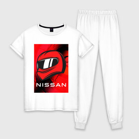 Женская пижама хлопок с принтом Nissan - Paint , 100% хлопок | брюки и футболка прямого кроя, без карманов, на брюках мягкая резинка на поясе и по низу штанин | auto | logo | moto | nissan | symbol | авто | автомобиль | гонки | знак | краска | лого | логотип | логотипы | марка | машина | мото | ниссан | символ | символы