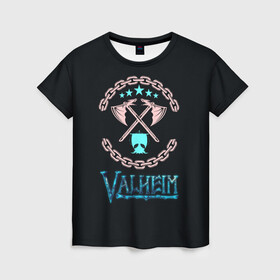 Женская футболка 3D с принтом Valheim лого и цепи , 100% полиэфир ( синтетическое хлопкоподобное полотно) | прямой крой, круглый вырез горловины, длина до линии бедер | fantasy | mmo | valheim | valve | валхейм | вальхейм | викинги | выживалка | игра | королевская битва | ммо | ролевая игра | фэнтази