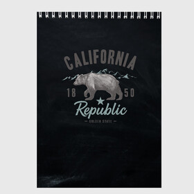Скетчбук с принтом California republic , 100% бумага
 | 48 листов, плотность листов — 100 г/м2, плотность картонной обложки — 250 г/м2. Листы скреплены сверху удобной пружинной спиралью | bear | california | republic | state | калифорния | медведь | республика