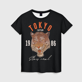 Женская футболка 3D с принтом Tokyo Tiger Japan , 100% полиэфир ( синтетическое хлопкоподобное полотно) | прямой крой, круглый вырез горловины, длина до линии бедер | japan | tokyo | большая кошка | полосатый | тигр | тигрица | токио | хищник
