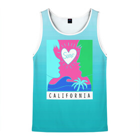 Мужская майка 3D с принтом CALIFORNIA SURF , 100% полиэстер | круглая горловина, приталенный силуэт, длина до линии бедра. Пройма и горловина окантованы тонкой бейкой | california | love | surf | влюбленные | закат | калифорния | любовь | море | пальма