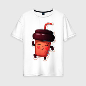 Женская футболка хлопок Oversize с принтом Кофейный стаканчик милашка , 100% хлопок | свободный крой, круглый ворот, спущенный рукав, длина до линии бедер
 | кофе | малышка | милашка | мультяшка | стаканчик