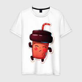 Мужская футболка хлопок с принтом Кофейный стаканчик милашка , 100% хлопок | прямой крой, круглый вырез горловины, длина до линии бедер, слегка спущенное плечо. | Тематика изображения на принте: кофе | малышка | милашка | мультяшка | стаканчик