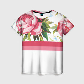 Женская футболка 3D с принтом Нежные Розы  , 100% полиэфир ( синтетическое хлопкоподобное полотно) | прямой крой, круглый вырез горловины, длина до линии бедер | линии | листья | минимализм | полосы | природа | растение | розы | цветы