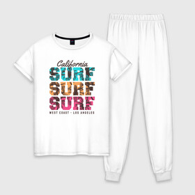 Женская пижама хлопок с принтом Surf , 100% хлопок | брюки и футболка прямого кроя, без карманов, на брюках мягкая резинка на поясе и по низу штанин | surf | usa | калифорния | лето | море