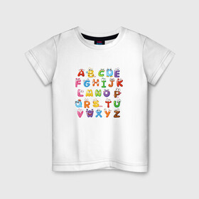 Детская футболка хлопок с принтом Английский Алфавит , 100% хлопок | круглый вырез горловины, полуприлегающий силуэт, длина до линии бедер | алфавит | английский алфавит | буквы | буквы с глазами | красочные буквы | персонажи