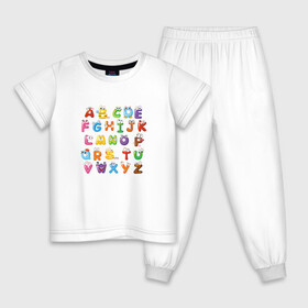 Детская пижама хлопок с принтом Английский Алфавит , 100% хлопок |  брюки и футболка прямого кроя, без карманов, на брюках мягкая резинка на поясе и по низу штанин
 | Тематика изображения на принте: алфавит | английский алфавит | буквы | буквы с глазами | красочные буквы | персонажи