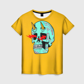 Женская футболка 3D с принтом Черепок , 100% полиэфир ( синтетическое хлопкоподобное полотно) | прямой крой, круглый вырез горловины, длина до линии бедер | граффити | кости | молнии | рога | рожки | скелет | тату | череп | черепок | черепушка