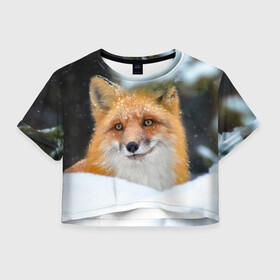 Женская футболка Crop-top 3D с принтом Лисичка на сугробе , 100% полиэстер | круглая горловина, длина футболки до линии талии, рукава с отворотами | fox | foxy | животное | звери | лиса | лисенок | лисичка | милая | рыжая | фокс