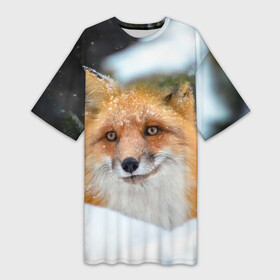 Платье-футболка 3D с принтом Лисичка на сугробе ,  |  | fox | foxy | животное | звери | лиса | лисенок | лисичка | милая | рыжая | фокс