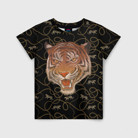 Детская футболка 3D с принтом Морда тигра , 100% гипоаллергенный полиэфир | прямой крой, круглый вырез горловины, длина до линии бедер, чуть спущенное плечо, ткань немного тянется | большая кошка | полосатый | тигр | тигрица | хищник