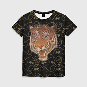 Женская футболка 3D с принтом Морда тигра , 100% полиэфир ( синтетическое хлопкоподобное полотно) | прямой крой, круглый вырез горловины, длина до линии бедер | большая кошка | полосатый | тигр | тигрица | хищник