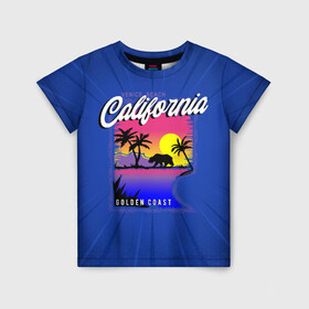 Детская футболка 3D с принтом California golden coast , 100% гипоаллергенный полиэфир | прямой крой, круглый вырез горловины, длина до линии бедер, чуть спущенное плечо, ткань немного тянется | Тематика изображения на принте: california | golden coast | гризли | закат | калифорния | медведь | пальмы | природа