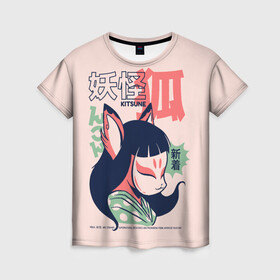 Женская футболка 3D с принтом Anime Kitsune Demon Yokai  , 100% полиэфир ( синтетическое хлопкоподобное полотно) | прямой крой, круглый вырез горловины, длина до линии бедер | anime art | folklore | illustration | japan | japanese | kanji | legend | satanic | аниме | аниме арт | городские легенды | демон | ёкай | иероглифы | иллюстрация | йокай | кандзи | кицуне | кицунэ | лисичка | манга | они | фольклор