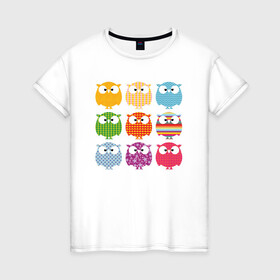 Женская футболка хлопок с принтом Цветные совы , 100% хлопок | прямой крой, круглый вырез горловины, длина до линии бедер, слегка спущенное плечо | owl | owls | сова | совушка | совы | филин | фраза | юмор