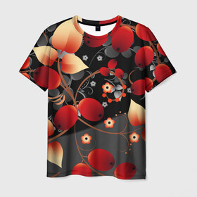 Мужская футболка 3D с принтом Ягодная роспись , 100% полиэфир | прямой крой, круглый вырез горловины, длина до линии бедер | городец | лиана | листья | народные | палех | роспись | этнические | ягоды