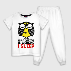 Детская пижама хлопок с принтом Сова. Сплю, когда ты на работе , 100% хлопок |  брюки и футболка прямого кроя, без карманов, на брюках мягкая резинка на поясе и по низу штанин
 | owl | owls | сова | совушка | совы | филин | фраза | юмор