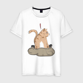 Мужская футболка хлопок с принтом Кот в мешке , 100% хлопок | прямой крой, круглый вырез горловины, длина до линии бедер, слегка спущенное плечо. | cat | кот в мешке | кот из мема | рыжий котик | удивленный кошак