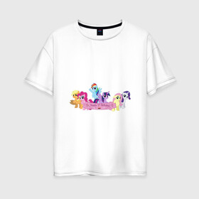 Женская футболка хлопок Oversize с принтом My Little Pony Happy Birthday , 100% хлопок | свободный крой, круглый ворот, спущенный рукав, длина до линии бедер
 | applejack | friendship | mylittlepony | rainbow dash | twilight sparkle | waifu | вайфу | дружба это магия | друзья | кони | моя маленькая пони | мультфильм | пони | радуга | ренбоу деш | эплджек