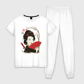 Женская пижама хлопок с принтом Японская Гейша Винтажный арт , 100% хлопок | брюки и футболка прямого кроя, без карманов, на брюках мягкая резинка на поясе и по низу штанин | art | geisha | girl | illustration | japan | japanese | kanji | kano | makeup | ukiyo e | арт | гравюра | девушка | иероглифы | иллюстрация | искусство | кандзи | картина | кимоно | макияж | мейкап | рисунок | укиё э | школа кано | я