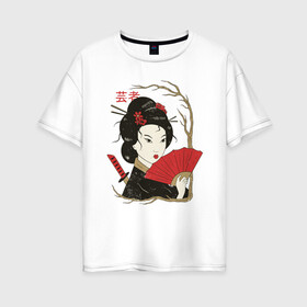Женская футболка хлопок Oversize с принтом Японская Гейша Винтажный арт , 100% хлопок | свободный крой, круглый ворот, спущенный рукав, длина до линии бедер
 | art | geisha | girl | illustration | japan | japanese | kanji | kano | makeup | ukiyo e | арт | гравюра | девушка | иероглифы | иллюстрация | искусство | кандзи | картина | кимоно | макияж | мейкап | рисунок | укиё э | школа кано | я