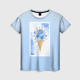 Женская футболка 3D с принтом Цветочный холодок , 100% полиэфир ( синтетическое хлопкоподобное полотно) | прямой крой, круглый вырез горловины, длина до линии бедер | градиент | мороженое | мрамор | облака | рожок | розы | цветы