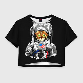 Женская футболка Crop-top 3D с принтом Кот Космонавт (США) , 100% полиэстер | круглая горловина, длина футболки до линии талии, рукава с отворотами | Тематика изображения на принте: cat | earth | mars | moon | nasa | space | star | животные | звезда | земля | космонавт | космос | кот | кошка | луна | марс | наса | планета | прикол