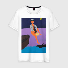 Мужская футболка хлопок с принтом Картина #1, Ческидов , 100% хлопок | прямой крой, круглый вырез горловины, длина до линии бедер, слегка спущенное плечо. | Тематика изображения на принте: абстракция | акула | берег | женщина | кошка | лодка | луна