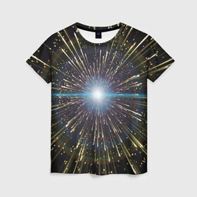 Женская футболка 3D с принтом Неоновые стрелы , 100% полиэфир ( синтетическое хлопкоподобное полотно) | прямой крой, круглый вырез горловины, длина до линии бедер | космос | лучи | неон | пространство | сияние | стрелы