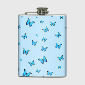 Фляга с принтом Синие бабочки , металлический корпус | емкость 0,22 л, размер 125 х 94 мм. Виниловая наклейка запечатывается полностью | blue | butterfly | emoji | smile | бабочки | насекомые | эмоджи