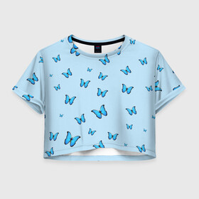 Женская футболка Crop-top 3D с принтом Синие бабочки , 100% полиэстер | круглая горловина, длина футболки до линии талии, рукава с отворотами | blue | butterfly | emoji | smile | бабочки | насекомые | эмоджи