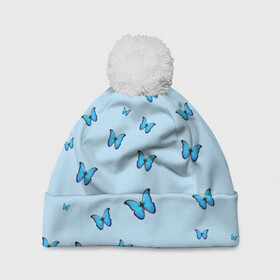 Шапка 3D c помпоном с принтом Синие бабочки , 100% полиэстер | универсальный размер, печать по всей поверхности изделия | blue | butterfly | emoji | smile | бабочки | насекомые | эмоджи
