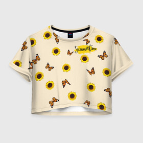 Женская футболка Crop-top 3D с принтом Butterflies and sunflowers , 100% полиэстер | круглая горловина, длина футболки до линии талии, рукава с отворотами | butterfly | summer | sunflower | бабочки | лето | насекомые | подсолнух | цветы