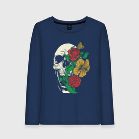 Женский лонгслив хлопок с принтом Floral Roses Skull  , 100% хлопок |  | bones | cranium | flower | flowers | gothic | merch | rose | skeleton | skull merch | tattoo | букет | готика | кости | мерч | мистика | рисунок черепа | роза | розы | скелет | татуировка | ужасы | флора | цветы | чайные розы | череп | черепа с